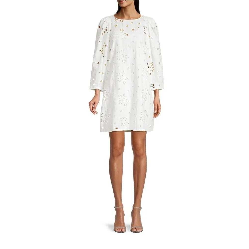 Rebecca‎ Taylor Sarah Embroidered Dress White Eyelet Linen Puff Sleeve Open 8